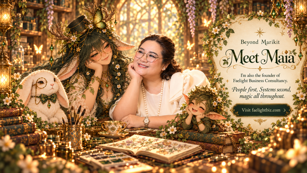 Maia with Marikit, Whimwhisker and Pipkin in a warm magical studio, introducing her work beyond Marikit Studios