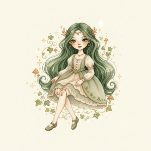 Watercolor ball-jointed doll with green hair and a tiny elegant outfit