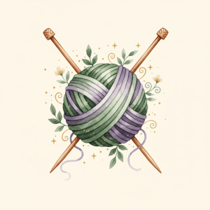 Watercolor ball of yarn with knitting needles and tiny botanical details