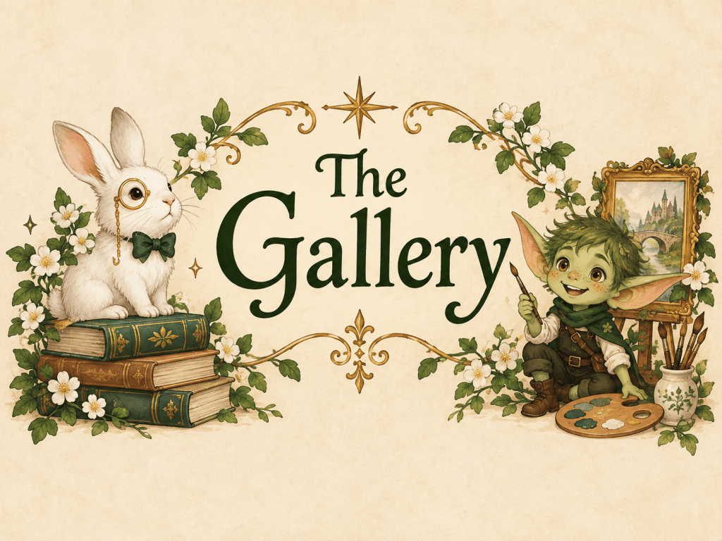 Whimsical storybook sign reading The Gallery with Marikit characters and woodland details
