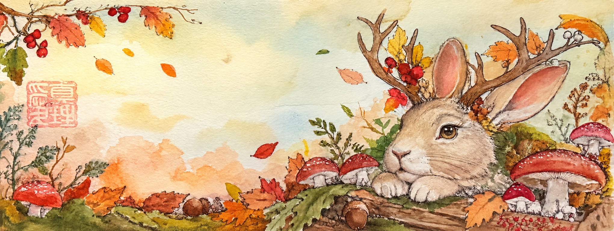 Watercolor jackalope resting among autumn leaves and mushrooms